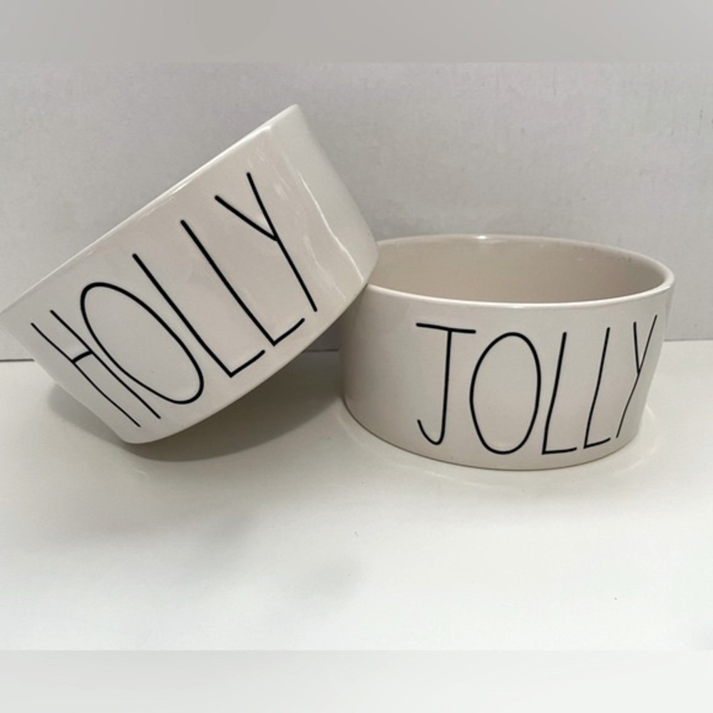 Rae Dunn Holly and Jolly pet food dishes - NWOT